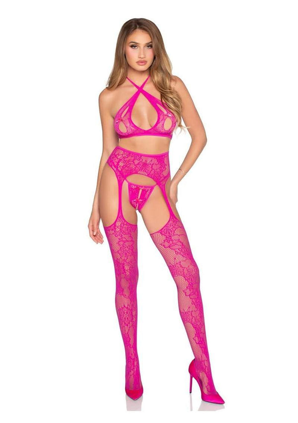 Leg Avenue Lace Open Cup Cross-Over Bra Top Crotchless Panty and Garter Belt Stockings (3 Piece) - Os