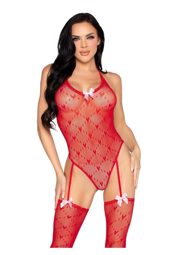 Leg Avenue Mini Heart Trimmed Heart Net Teddy with Attached Stockings - Red - One Size