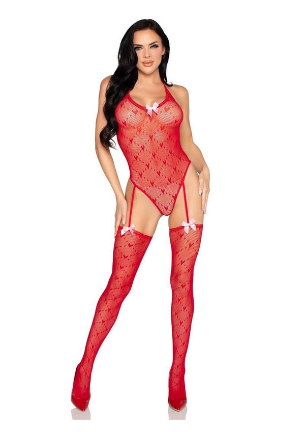 Leg Avenue Mini Heart Trimmed Heart Net Teddy with Attached Stockings