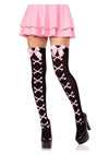 Leg Avenue Opaque Cross Bone Thigh Highs with Satin Bow Accent - Black/Light Pink - One Size