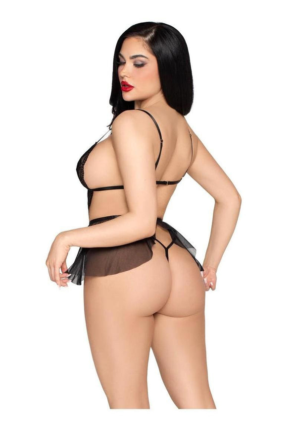 Leg Avenue Scalloped Lace and Mesh Babydoll and Matching Crotchless Panty - Black - Large - 2 Piece