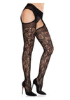 Leg Avenue Scalloped Trimmed Cross Hatch Floral Lace Suspender Hose - Black - One Size