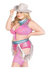 Leg Avenue Space Cowgirl Set Bandana Print Tie Front Crop Top with Fringe Trim, High Waist Bottoms with Attached Chaps, Belt with Fringe Detail, and Neck Bandana - Multicolor - 3XLarge/4XLarge - 4 Piece