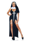 Leg Avenue Sultry Sinner Dual Slit Garter Dress with Vinyl Cross Detail, Vinyl Collar, and Nun Habit - Black/White - Large - 3 Piece