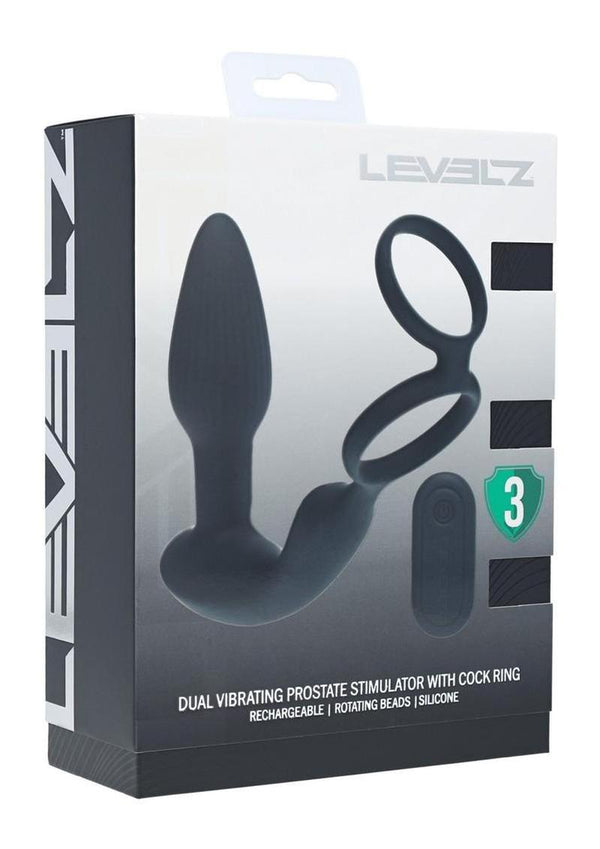 Levelz Dual Vibrating Rechargeable Silicone Prostate Stimulator with Rotating Beads Cock and Balls Rings with Remote Control - Black