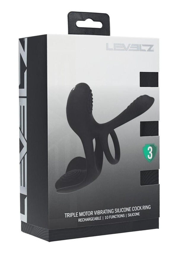 Levelz Triple Motor Vibrating Silicone Rechargeable Cock Ring - Black