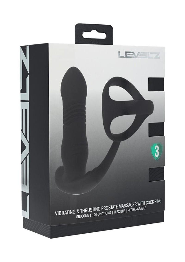 Levelz Vibrating and Thrusting Silicone Rechargeable Prostate Massager with Tri O Cock Ring - Black