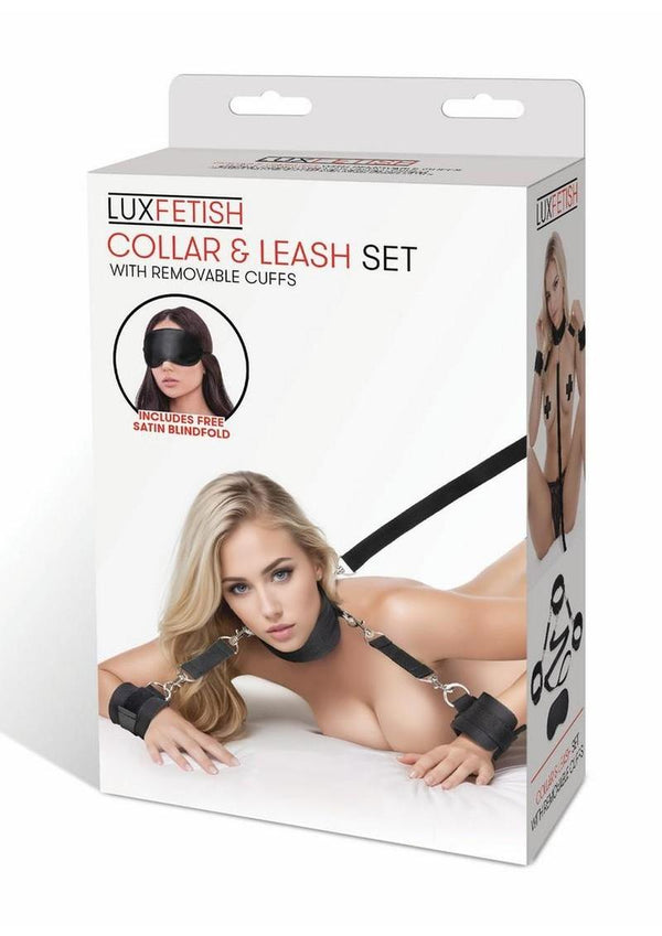Lux Fetish Collar and Leash Set with Removable Cuffs - Black