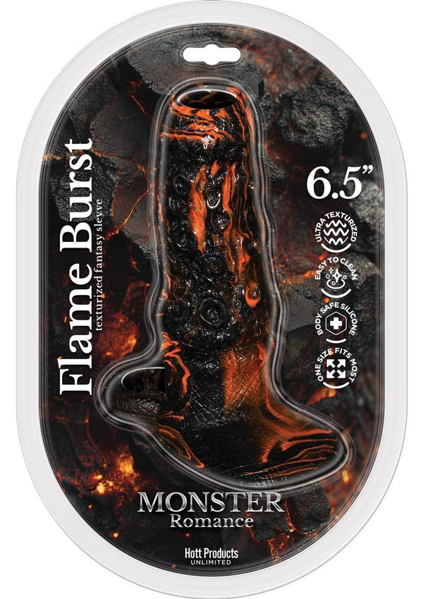 Monster Romance Flame Burst Silicone Penis Sleeve - Black/Orange - One Size