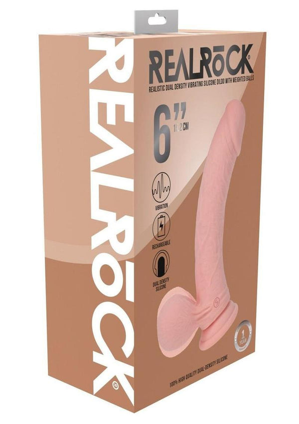 Realrock Rechargeable Silicone Dual Layered Vibrating Curved Dildo with Weighted Balls - Vanilla - 6in