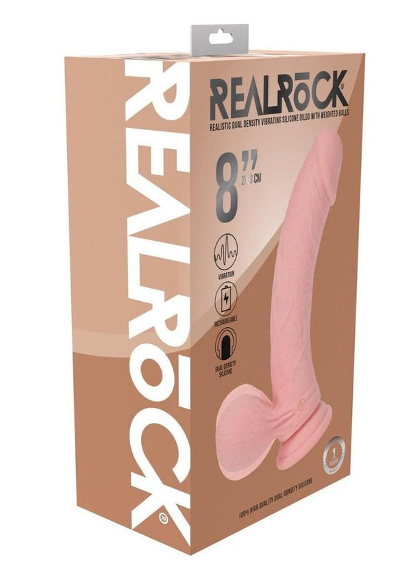 Realrock Rechargeable Silicone Dual Layered Vibrating Curved Dildo with Weighted Balls - Vanilla - 8in