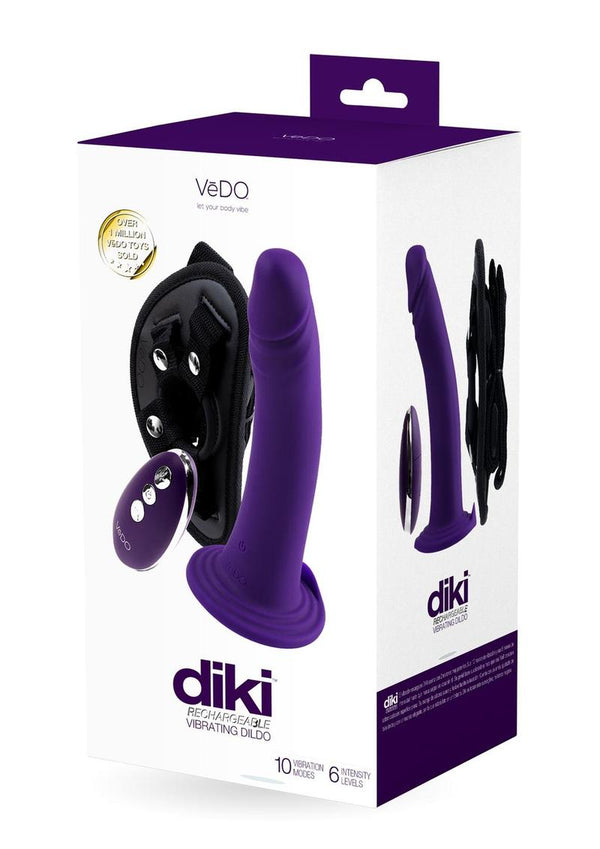 Vedo Diki Rechargeable Silicone Vibrating Dildo with Harness and Remote Control - Deep Purple/Purple
