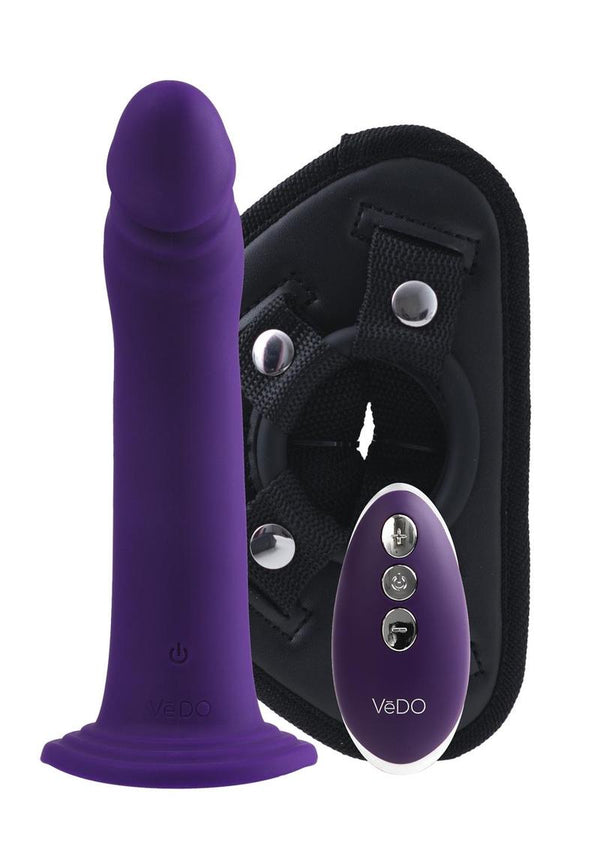 Vedo Diki Rechargeable Silicone Vibrating Dildo with Harness and Remote Control - Deep Purple/Purple