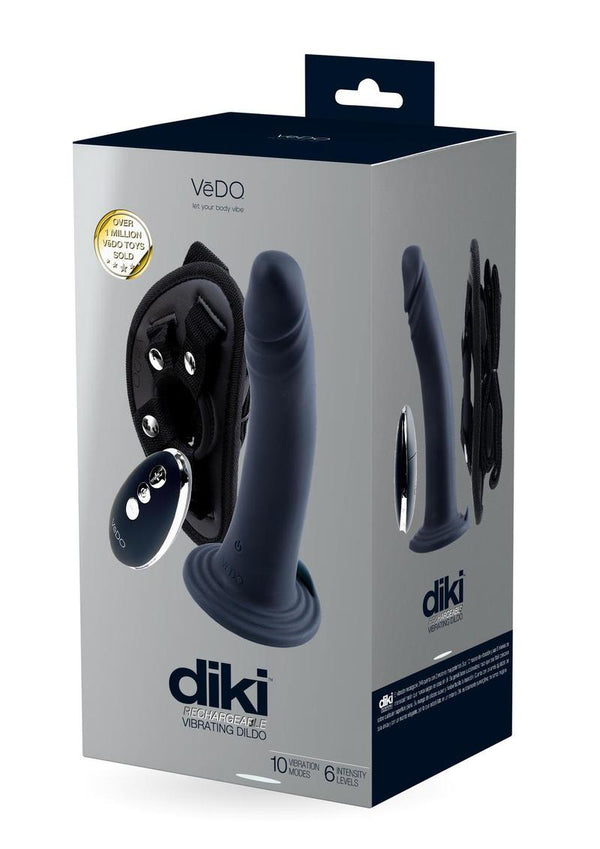 Vedo Diki Rechargeable Silicone Vibrating Dildo with Harness and Remote Control - Just - Black